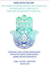 Load image into Gallery viewer, Hamsa protection soap with Jasmine and cedarwood essential oils