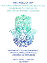 Load image into Gallery viewer, Hamsa protection soap with Jasmine and cedarwood essential oils
