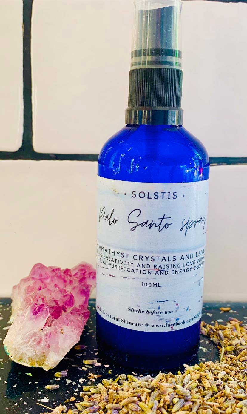 Palo Santo Spray with charged amethyst crystal's 100ml glass bottle