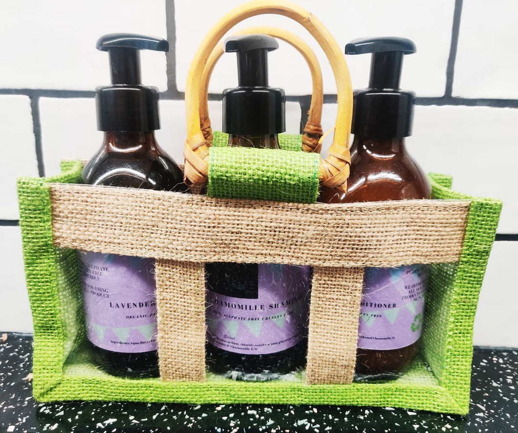 Organic shampoo, conditioner, and shower gel gift set in lavender & chamomile 3 x 250ml