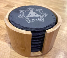 Load image into Gallery viewer, Natural slate Chakra Coaster Set -  8 slate coasters in a bamboo holder
