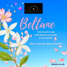 Load image into Gallery viewer, Beltane - shea butter soap with jasmine and vanilla oil and rose petals
