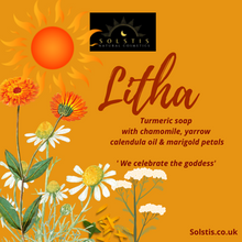 Load image into Gallery viewer, Litha - turmeric soap with chamomile yarrow and calendula oil and marigold petals
